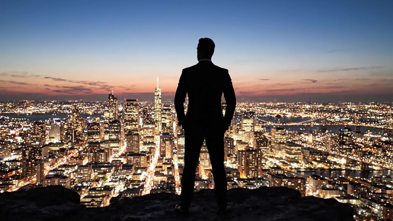 Un uomo che osserva un paesaggio urbano al tramonto: una vista maestosa della vita urbana e dello skyline illuminati dalle luci serali.