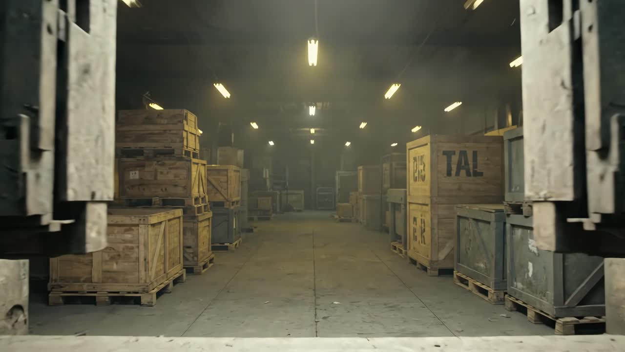 Industrietore öffnen sich und zeigen eine dunkle Lagerhalle mit Kisten