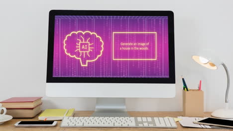 animation of artificial intelligence icon, text and data processing over computer screen