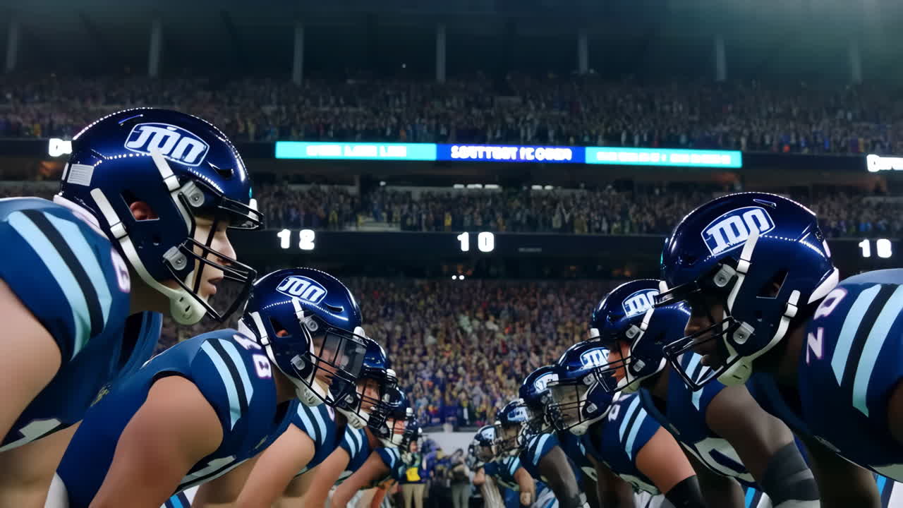 Giocatori di football americano che si affrontano sulla linea di scrimmage