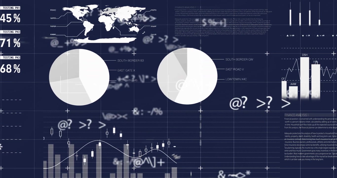 Animation of statistics and financial data processing on dark background
