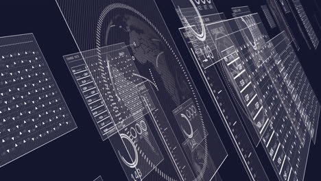 Animation-of-interface-with-spinning-globe-and-data-processing-against-grey-background