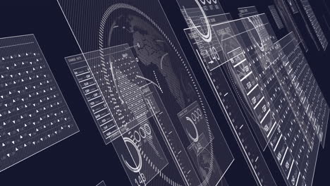 Animation of interface with spinning globe and data processing against grey background