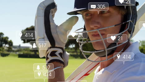 animation of social media icons with growing numbers over caucasian male cricket player