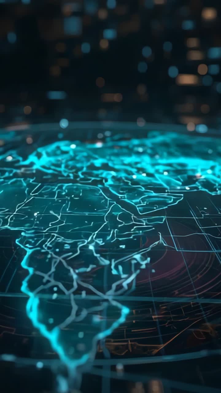 Vertical video: Powering on Earth hologram above platform rotating with pulsing nodes, data waves