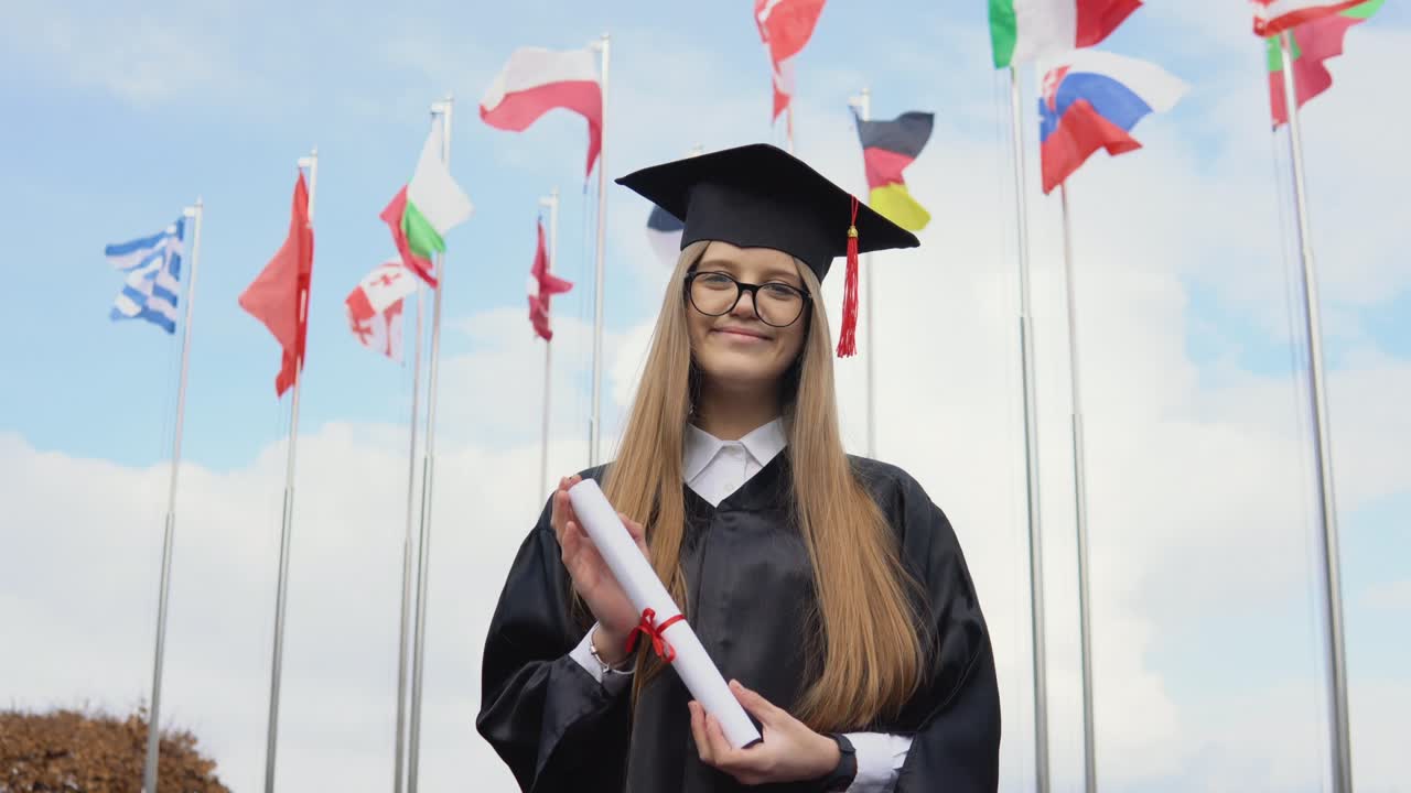 una graduada universitaria de pie sobre el fondo de las banderas del mundo sosteniendo graduatind diploma de maestría en sus manos. vista del espacio abierto. banderas nacionales en el cielo azul