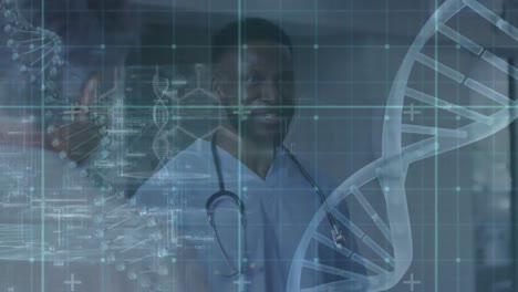 animation of dna strands over african american male doctor talking