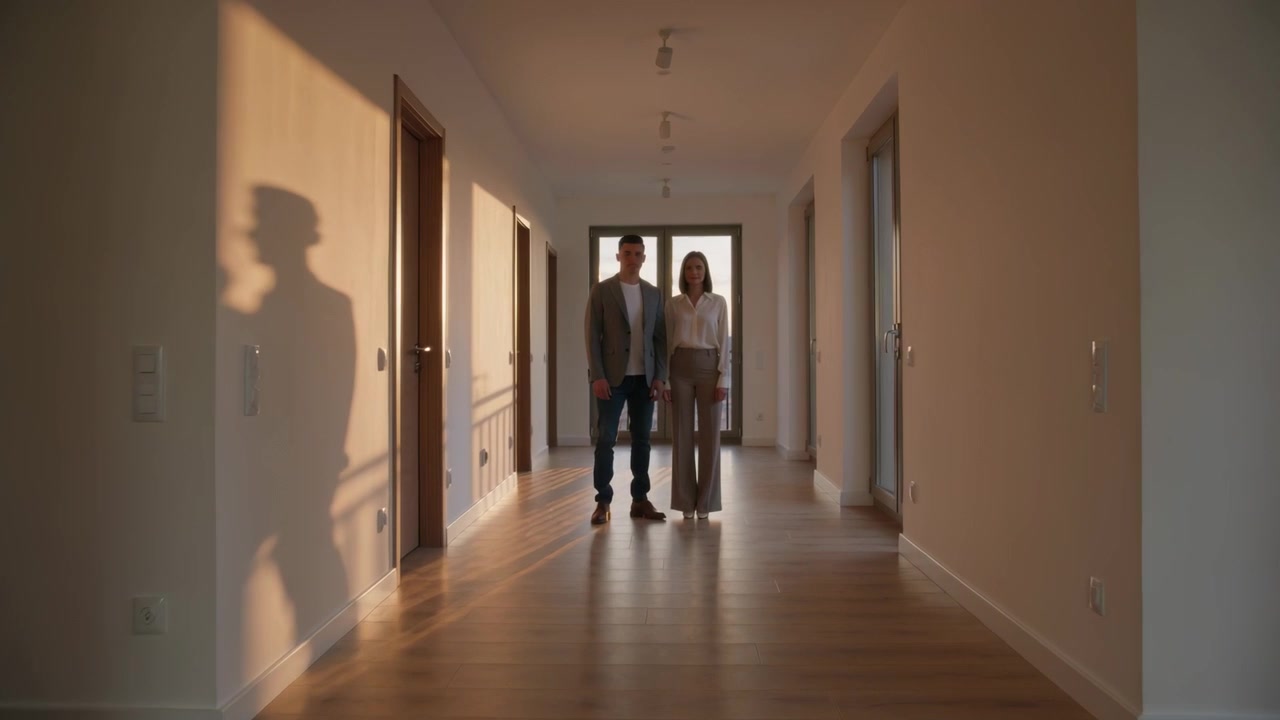 Una porta a vetri si apre, mostrando una coppia in blazer e camicetta che ispeziona un corridoio da affittare con un'ombra sulla parete.