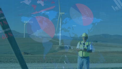 Animation-of-statistics-and-data-processing-over-wind-turbines-and-engineer-on-blue-background