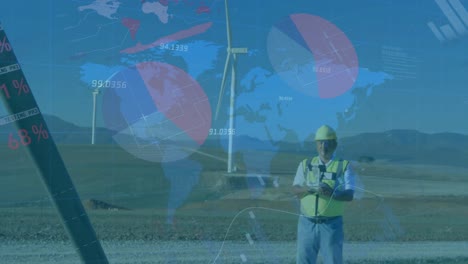 animación de estadísticas y procesamiento de datos sobre turbinas eólicas e ingeniero en fondo azul