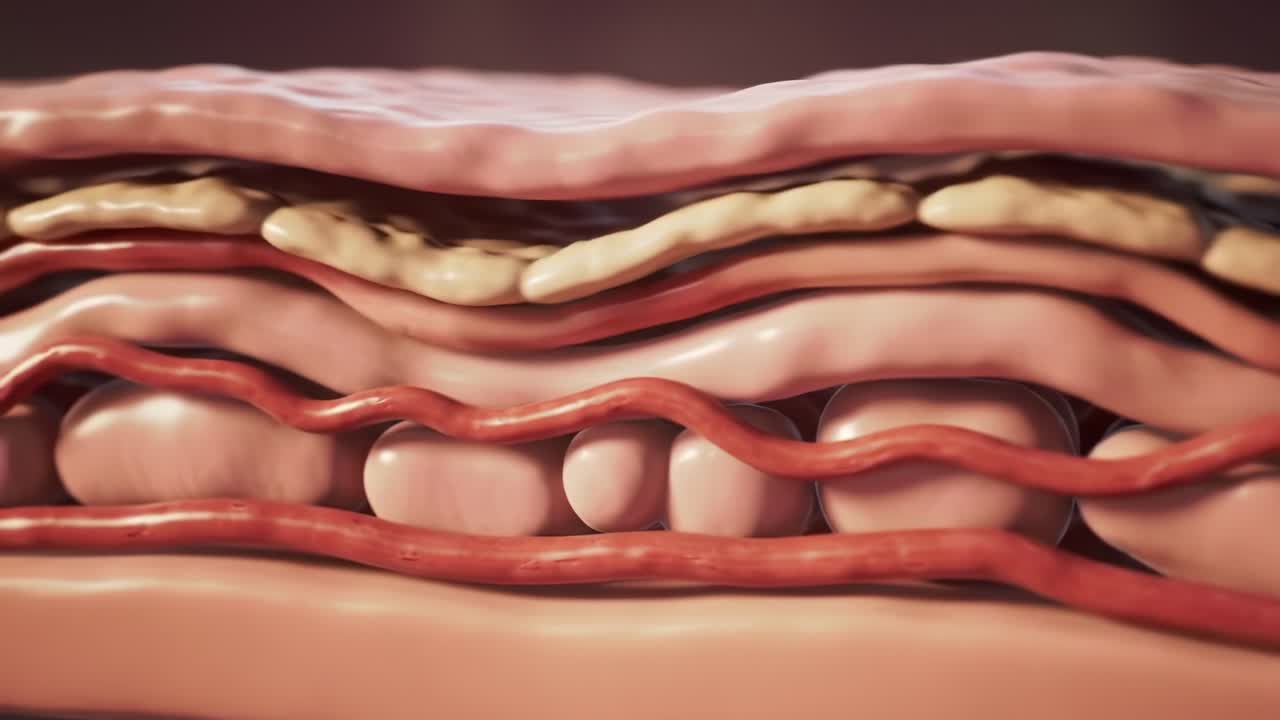 Detailed Cross-Sectional View of Human Tissue Layers Highlighting Different Biological Structures and Blood Vessels for Educational and Medical Insights