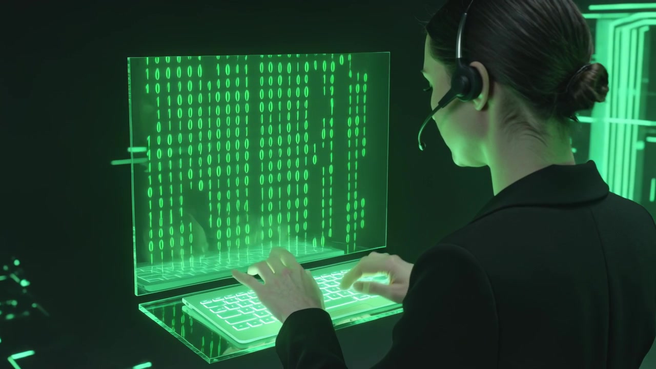 Reacting to keyboard appearing, woman in dark blazer and headset typing to monitor binary stream