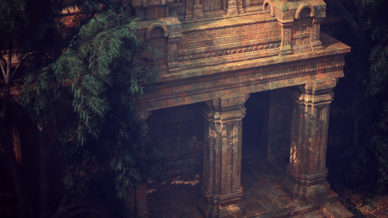 Ancient temple structure nestled among lush green foliage in daylight