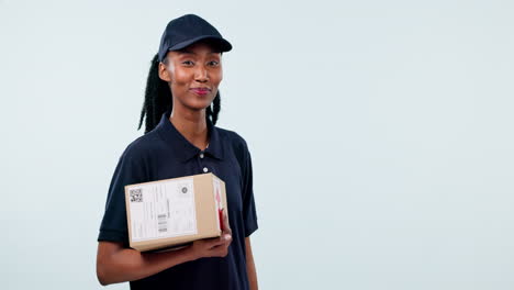 box, happiness and black woman point at delivery