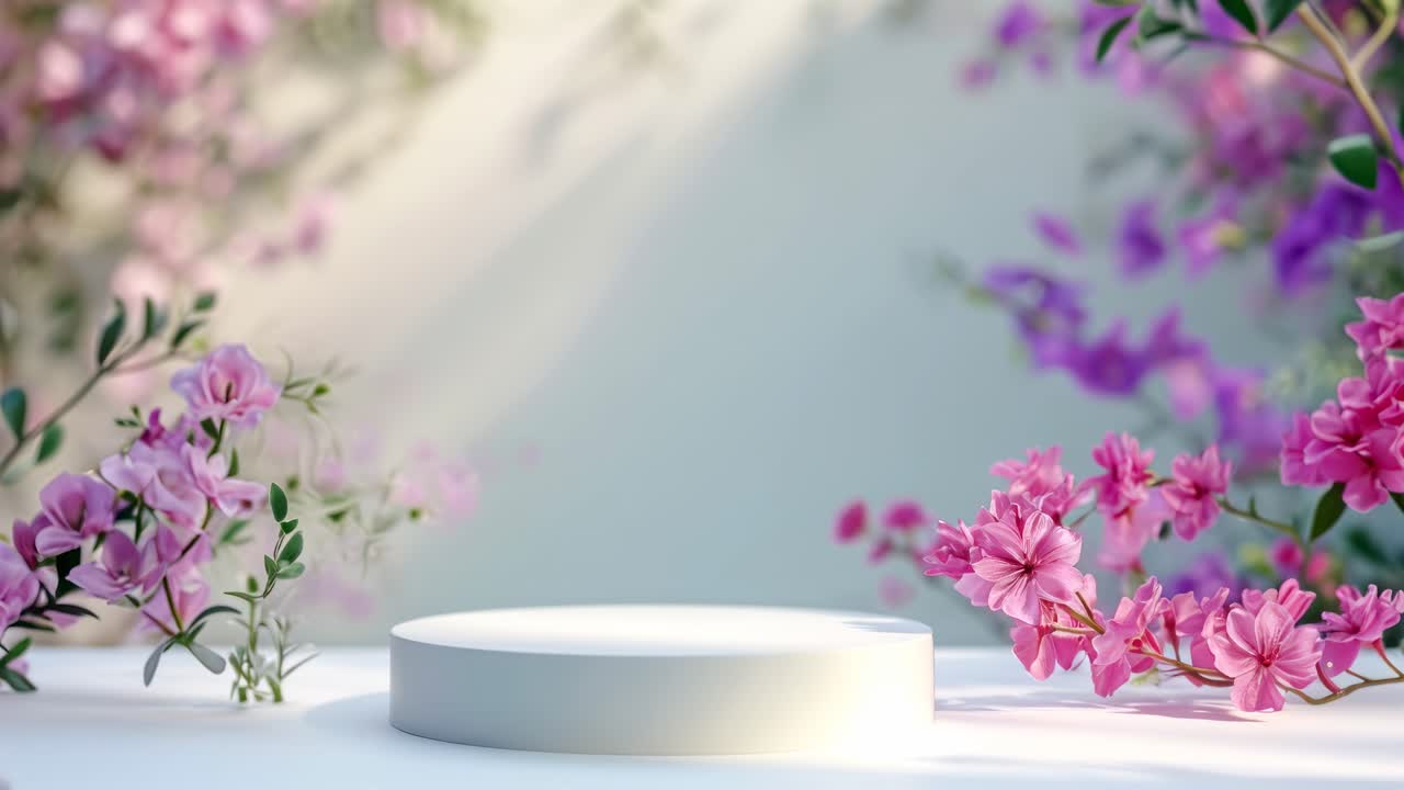 A serene video scene with a circular platform surrounded by pink and purple flowers