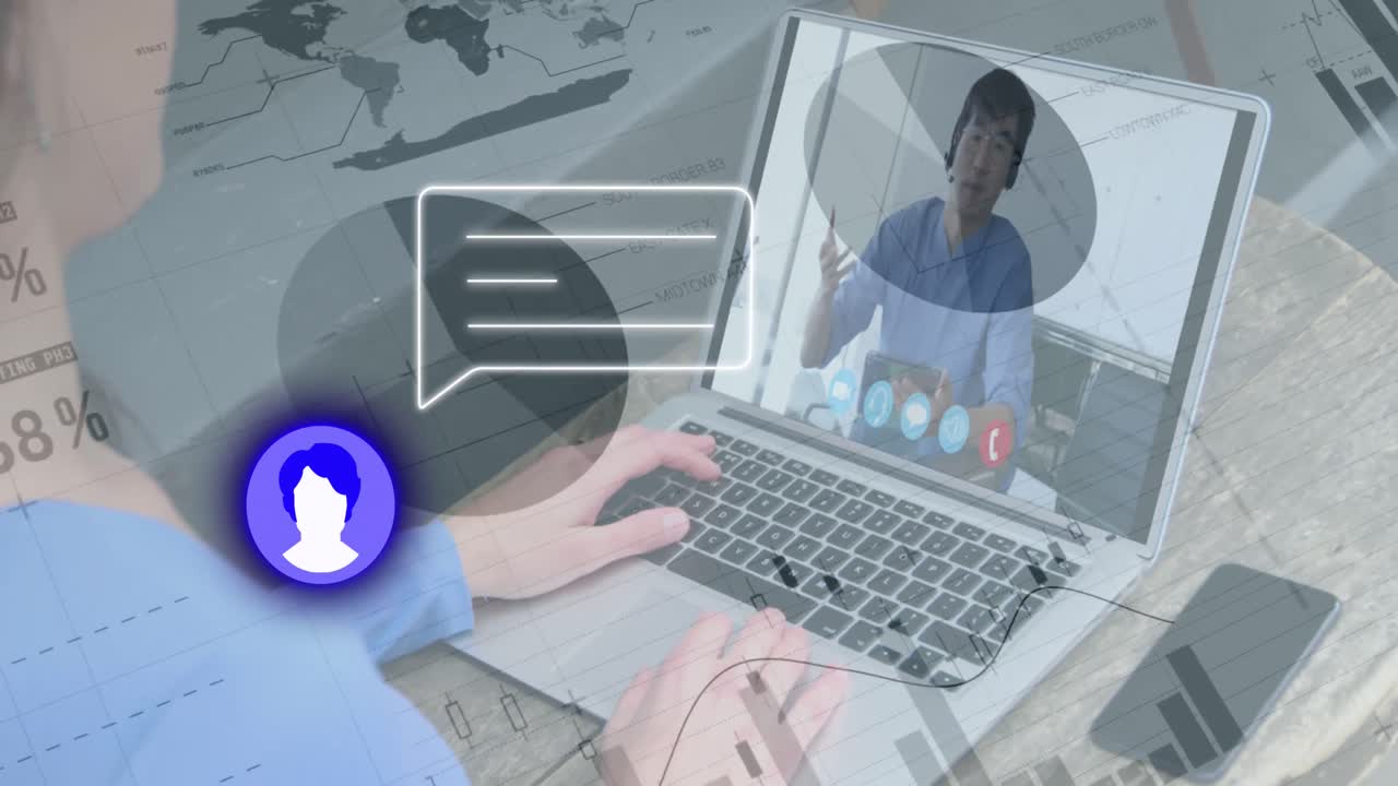Animazione di elaborazione dati su un uomo asiatico in videochiamata con un collega