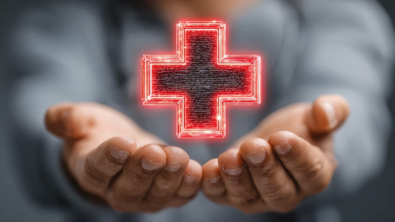 Eine Person bietet Hilfe mit einem leuchtenden Rotkreuz-Symbol in den Händen an, das Fürsorge, Mitgefühl und Rettungsdienste im medizinischen Kontext darstellt.