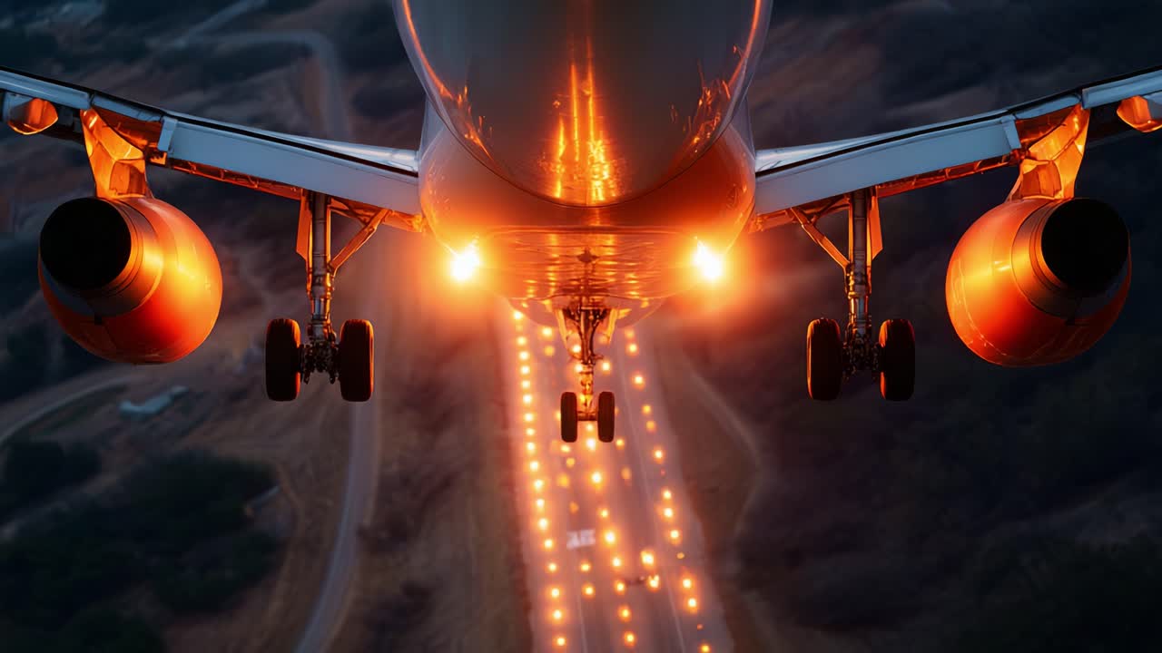 A Captivating View of an Airplane Landing: Illuminated Runway Lights and Stunning Reflections Capture the Moment of Approach in a Striking Aviation Scene