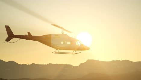 extreme slow motion flying helicopter and sunset sky