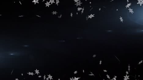Digitale-Animation-Von-Schneeflocken,-Die-über-Lichtflecken-Vor-Blauem-Hintergrund-Schweben