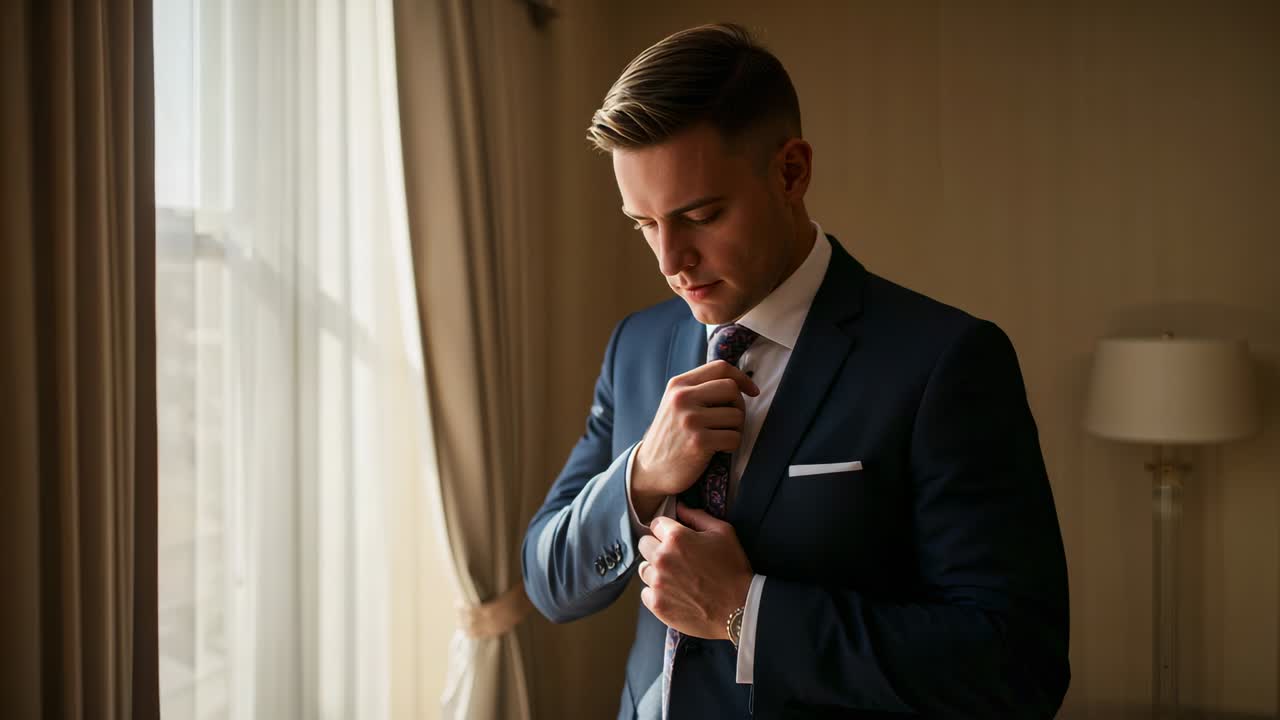 Tightening man in navy suit adjusting patterned tie in hotel room, preparing for formal event