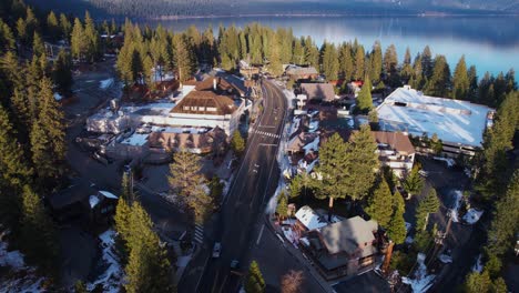 Aerial-View-of-Road-and-Buildings-on-Crystal-Bay-by-Lake-Tahoe,-Nevada-California-State-Border