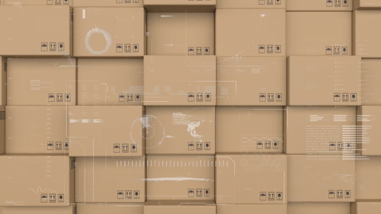 디지털 인터페이스와 데이터 처리 배경에 배달 상자 스택에 대 한