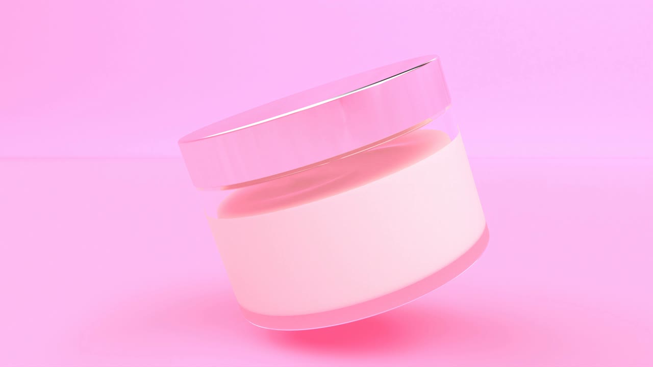 크림 튜브 유리 항아리 모형은 분홍색 피부 관리 병에 천천히 회전 할 수 있습니다.