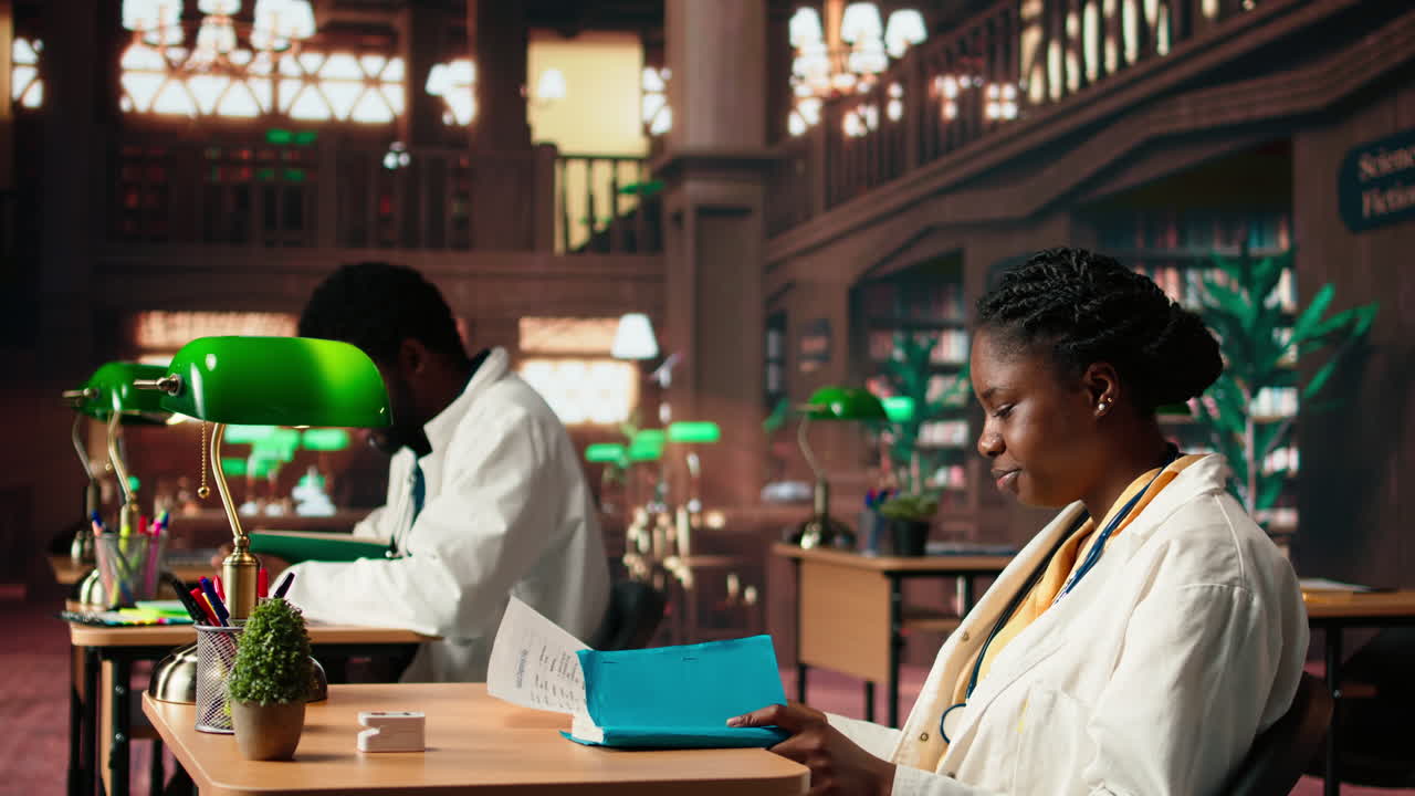 아프리카계 미국인 여성 의학 학생이 의료 케이스 파일을 검토하고 있습니다.