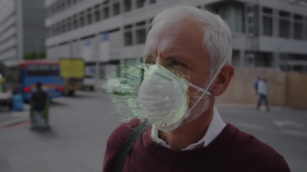 animación de células de covid-19 moviéndose sobre un hombre con una máscara facial