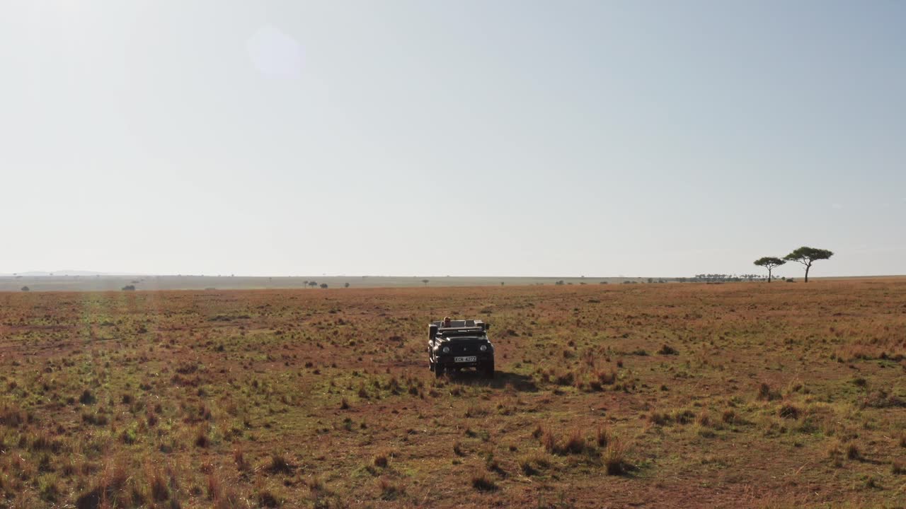 아프리카 케냐 마사이 마라 국립 보호 구역 사바나에서 사파리 차량을 운전하는 야생동물 사진작가의 드론 촬영