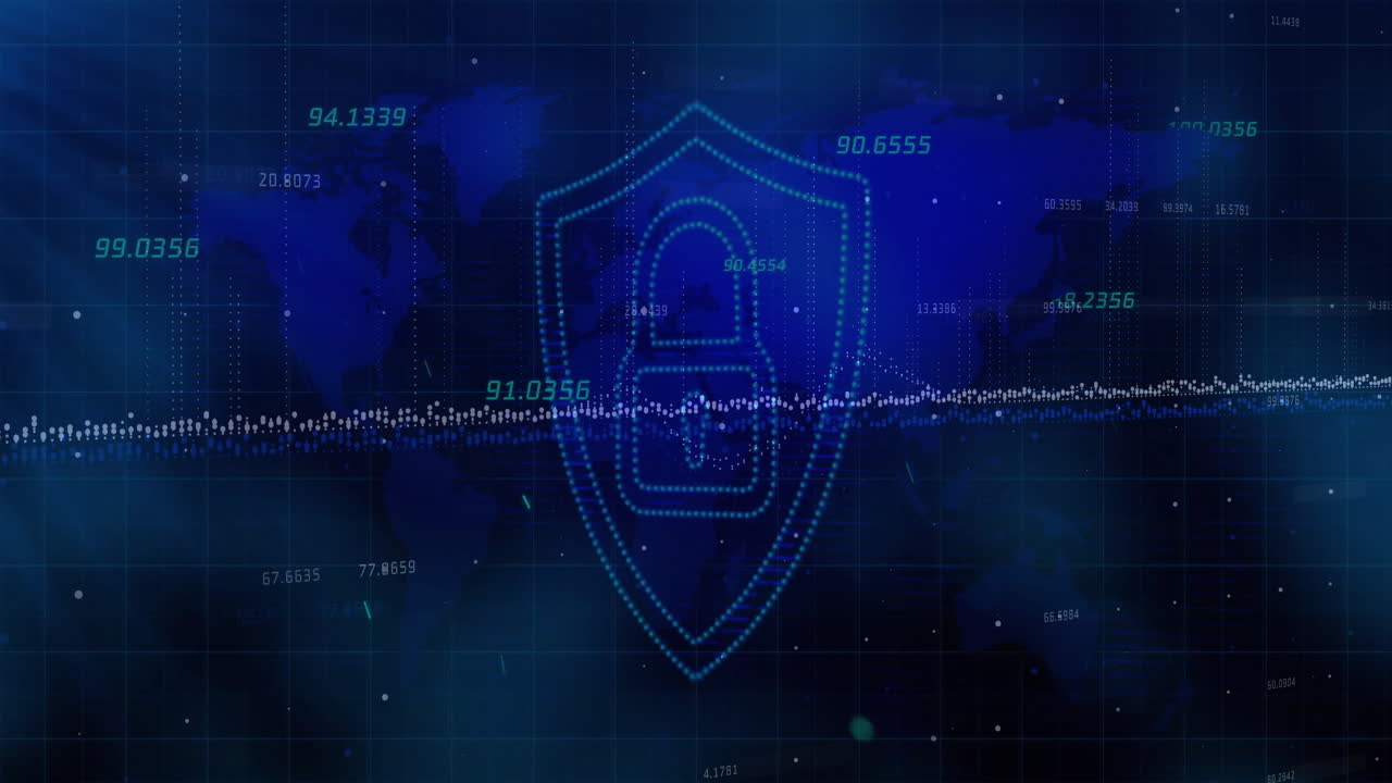 Shield with padlock icon glowing at center, floating numeric labels over holographic waveform grid