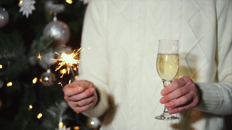 Celebración de Nochevieja con champán y bengala