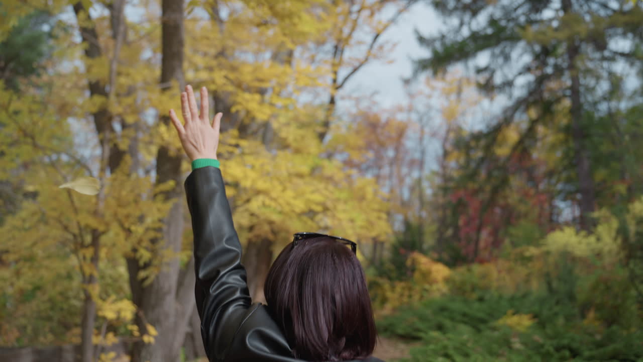 caucasian woman raising arm toward canopy in leather jacket, back view, slow expressive gesture, connection with nature, playful rocker energy, cinematic framing, golden leaves and soft bokeh, upward