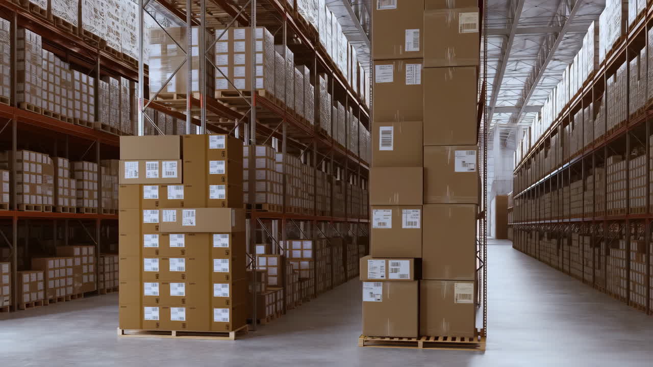 Large Warehouse with Stacks of Boxes on Shelves