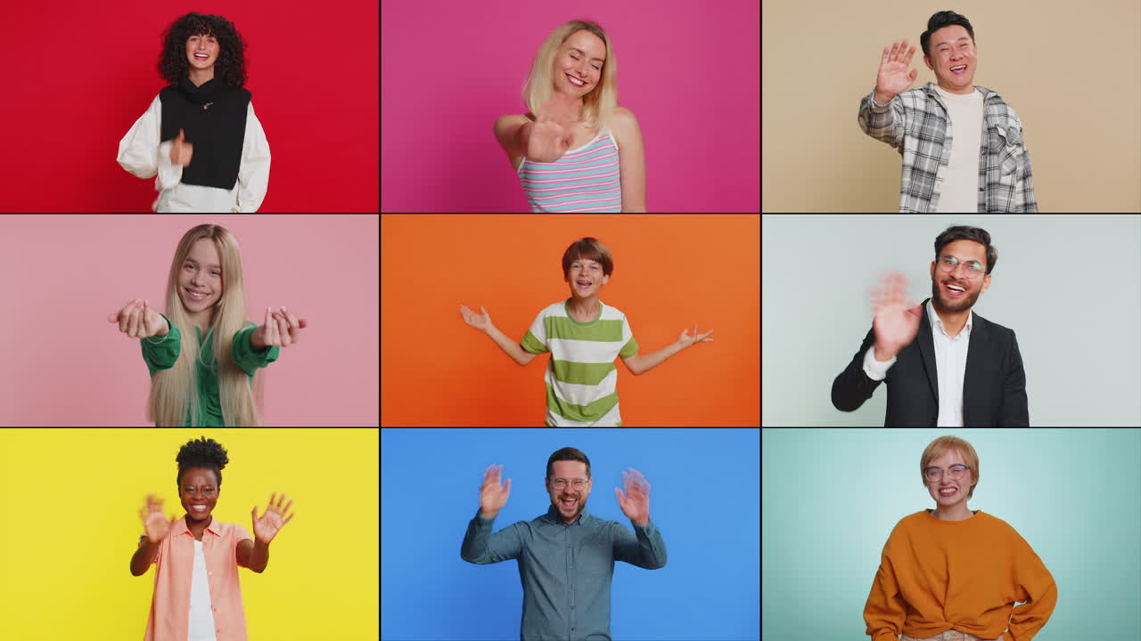 Collage of happy people men women waving hands friendly gesturing invitation hello hi welcoming bye