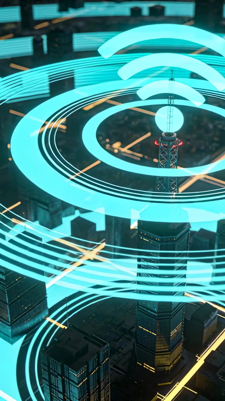 Vertical video: Rising center tower sending cyan rings over mini city, lit amber road grid for data