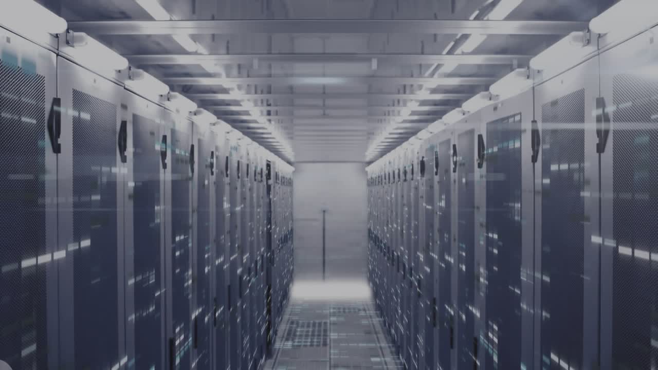 Animation of multiple profile icons floating and mosaic squares against computer server room