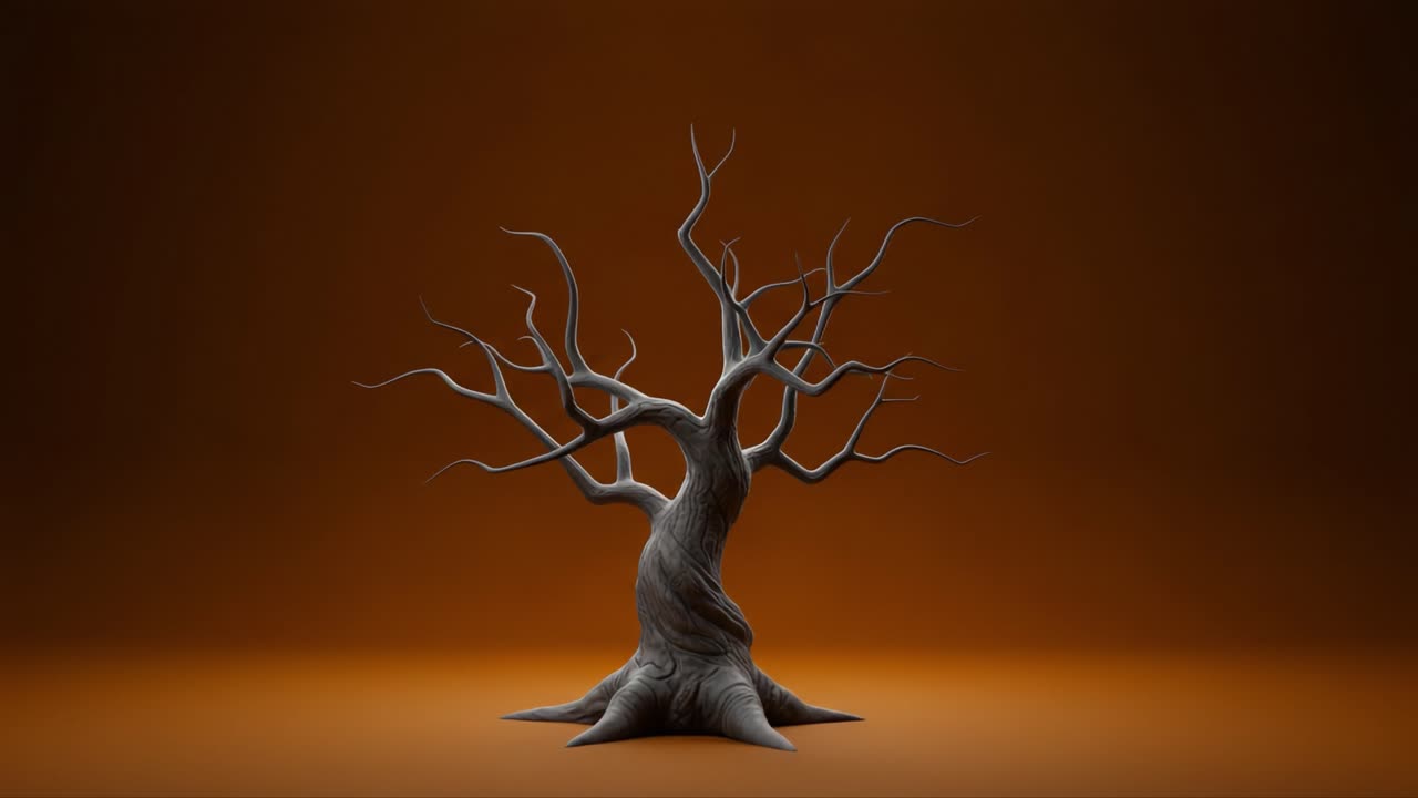 A Stark and Gnarled Tree Displayed Against a Warm Orange Background, Emphasizing Its Unique Twisted Branches and Striking Textural Details in a Still Life Composition