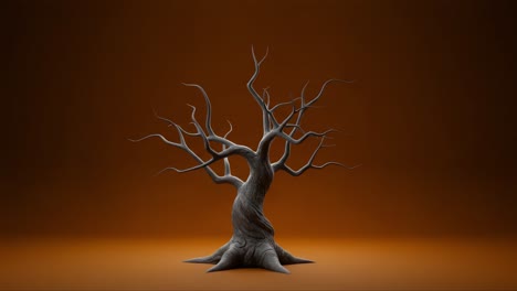 a stark and gnarled tree displayed against a warm orange background, emphasizing its unique twisted branches and striking textural details in a still life composition