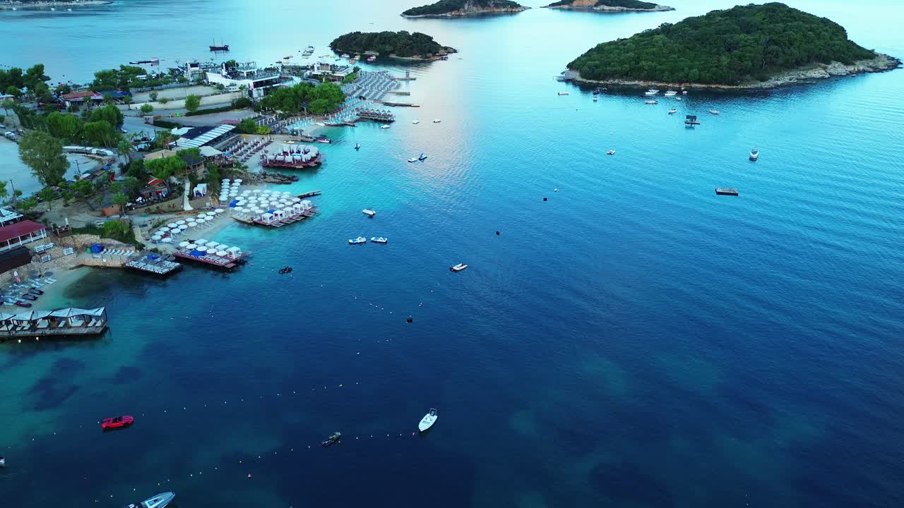 Ksamil sandy beach holiday summer destination Albania islands aerial drone view