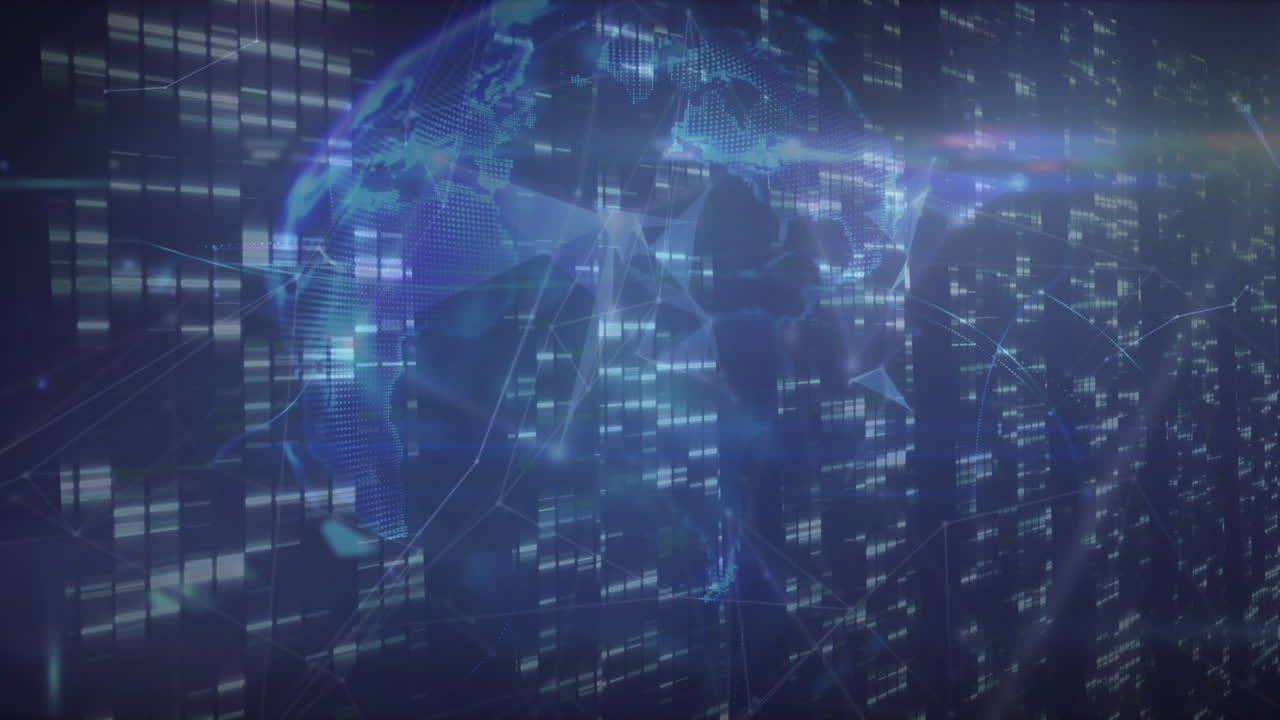 Animation of glowing globe turning and data processing on black