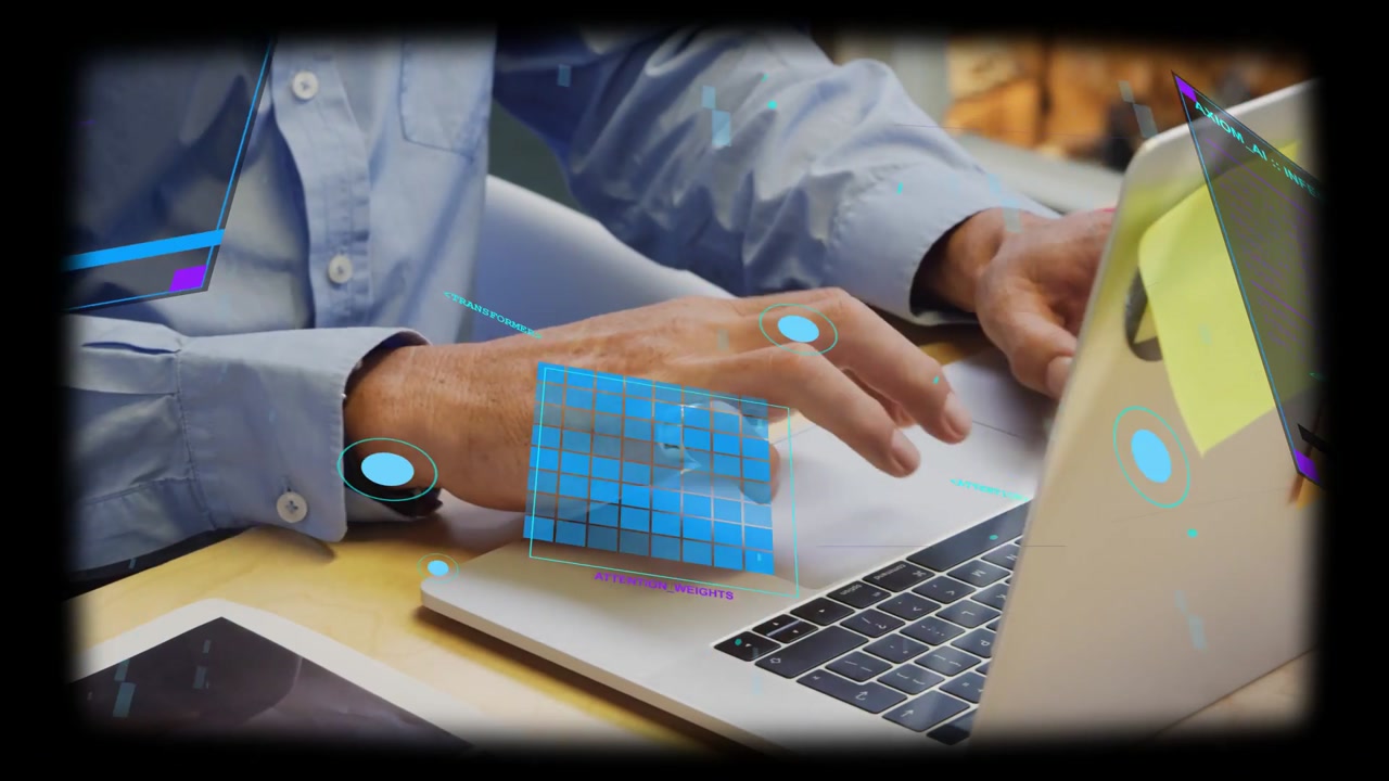 Man typing on laptop in tech workspace, hands hovering and activating blue UI grids for testing