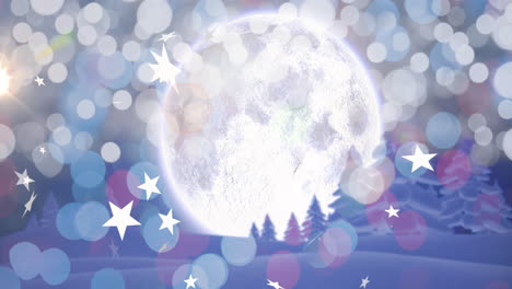 animation of stars and light spots over winter landscape with trees and moon at christmas