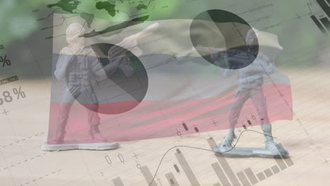 animación de procesamiento de datos sobre la bandera de rusia y soldados de juguete