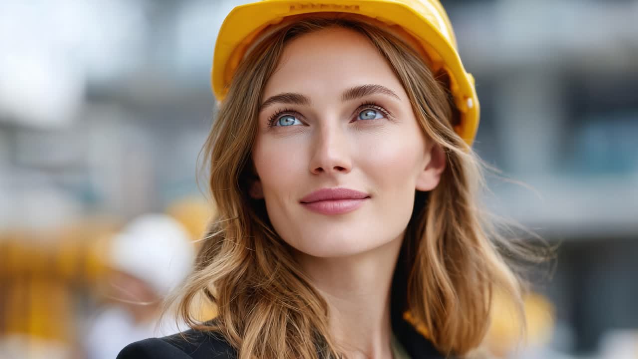 A confident woman with a construction helmet exudes professionalism and determination while looking optimistically towards the future on a busy construction site