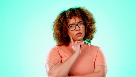 Portrait,-thinking-and-a-black-woman-in-studio