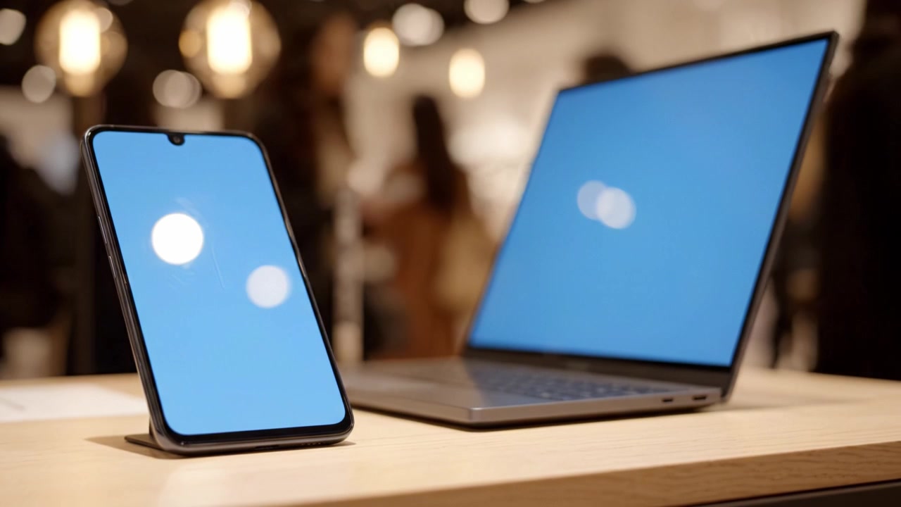 A modern smartphone and laptop displayed on a wooden surface, showcasing their sleek designs and vibrant screens, captured in a contemporary retail setting.