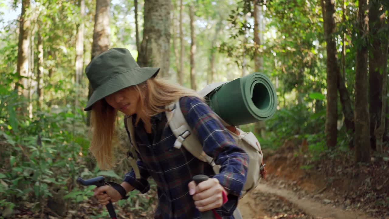 una mujer caminando en la selva de la selva tropical. vista trasera de una excursionista caminando con una mochila a través de la densa naturaleza de la bosque tropical en un día de verano, efecto sol.
