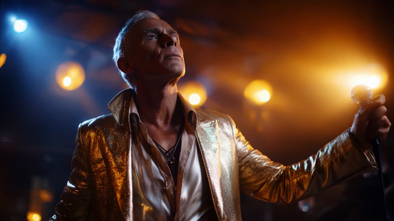 A Charismatic Performer in a Glimmering Gold Jacket Captivates the Audience with Passionate Expression During an Electrifying Musical Performance in a Vibrant Nightlife Setting